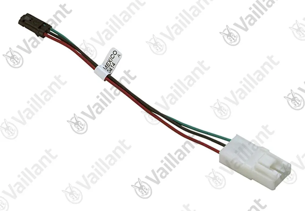 Vaillant Kabel mit Steckverbindern, einer weißen und einer schwarzen Verbindung, sowie mehreren farbigen Drähten, geeignet für den Anschluss an ein Heizsystem.